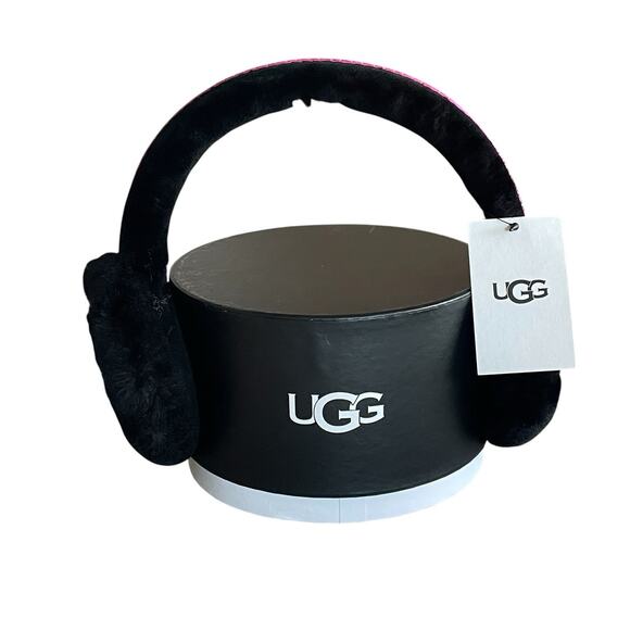 UGG Women OS Black Pink Shearling Sheepskin Embroidered Earmuffs Logo NWT + Box main image 5